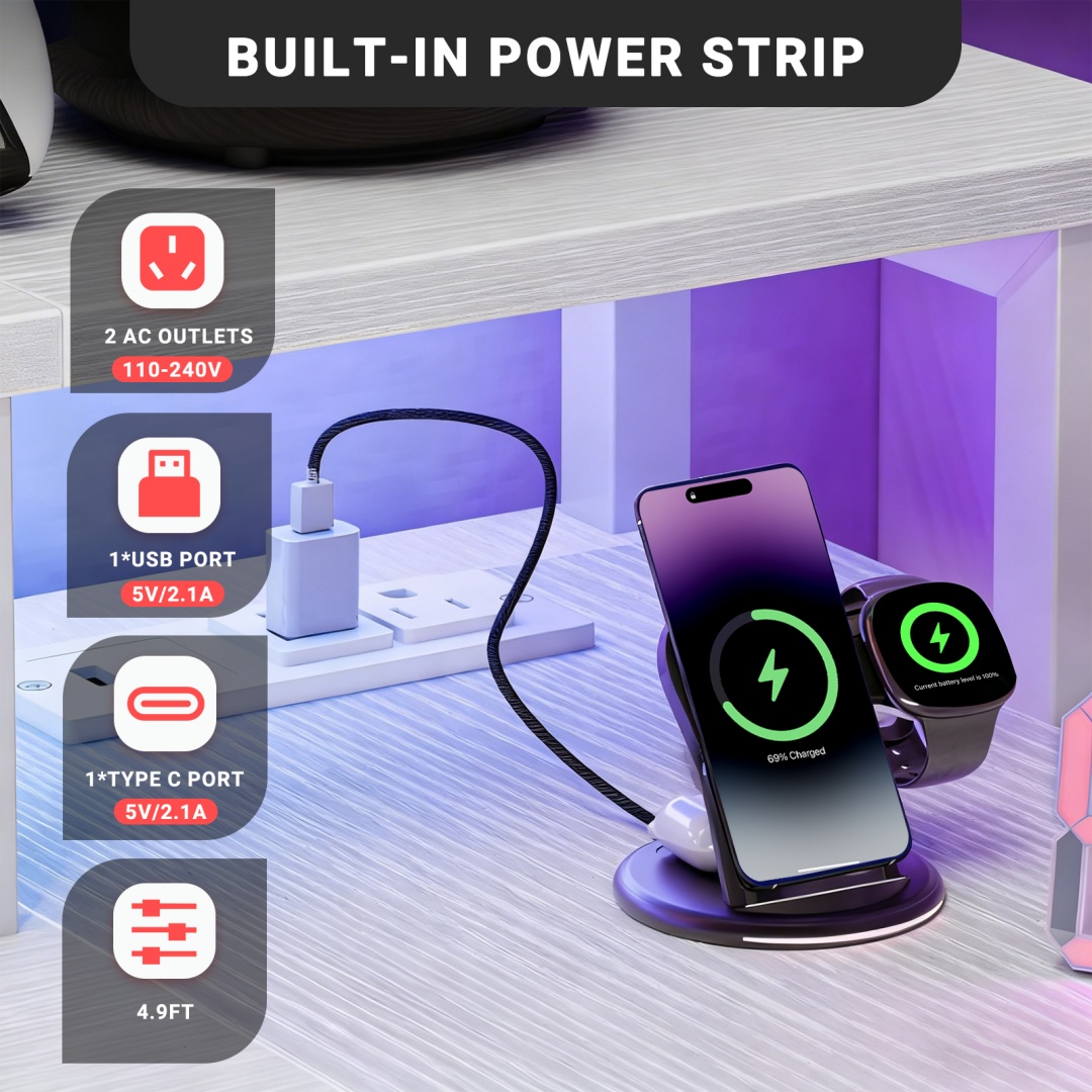 53-inch Gaming Table With USB Charging Port And LED Light, Reversible L-shaped Table With Power Socket And Monitor Stand image 23