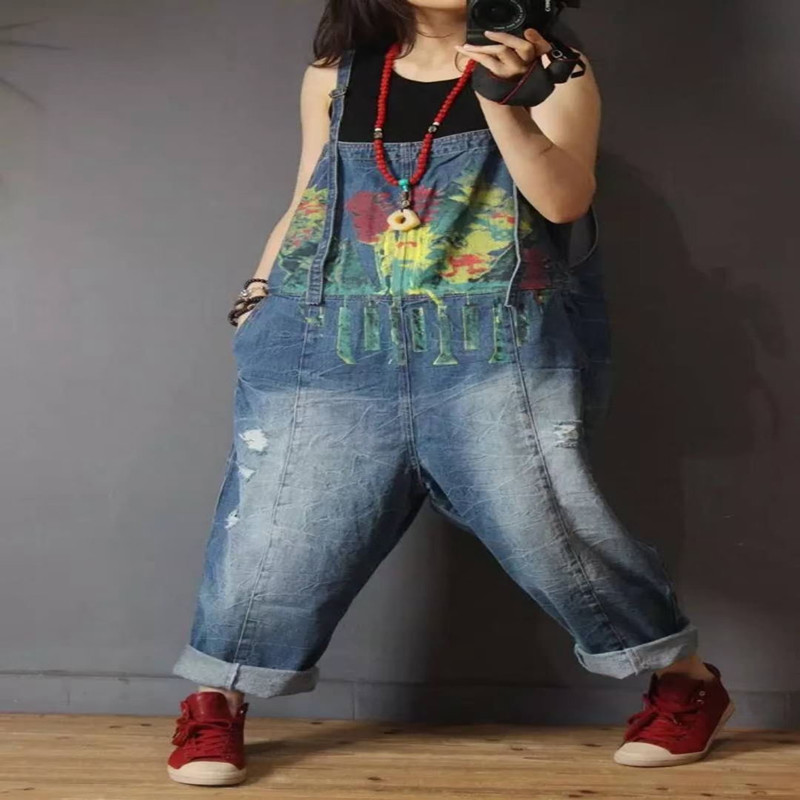 Women's Spring And Summer New Retro Print Denim Overalls