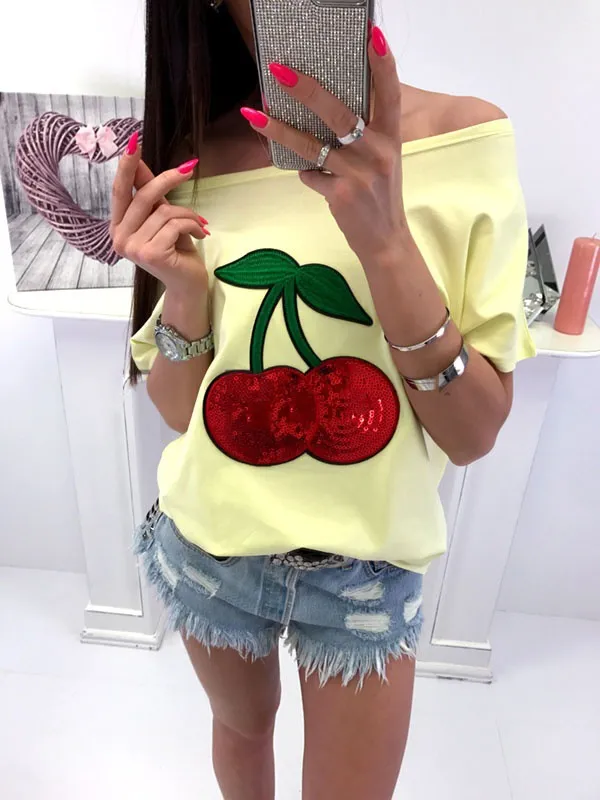 Cotton Blend Sequin Cherry Patch T shirt Yellow - Shop at LoveMi