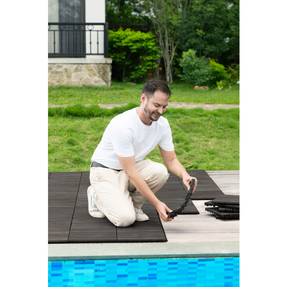 30 PCS Interlocking Deck Tiles Striped Pattern, 12inch X 12inch Dark Brown Square Acacia Hardwood Outdoor Flooring For Patio, Bancony, Pool Side