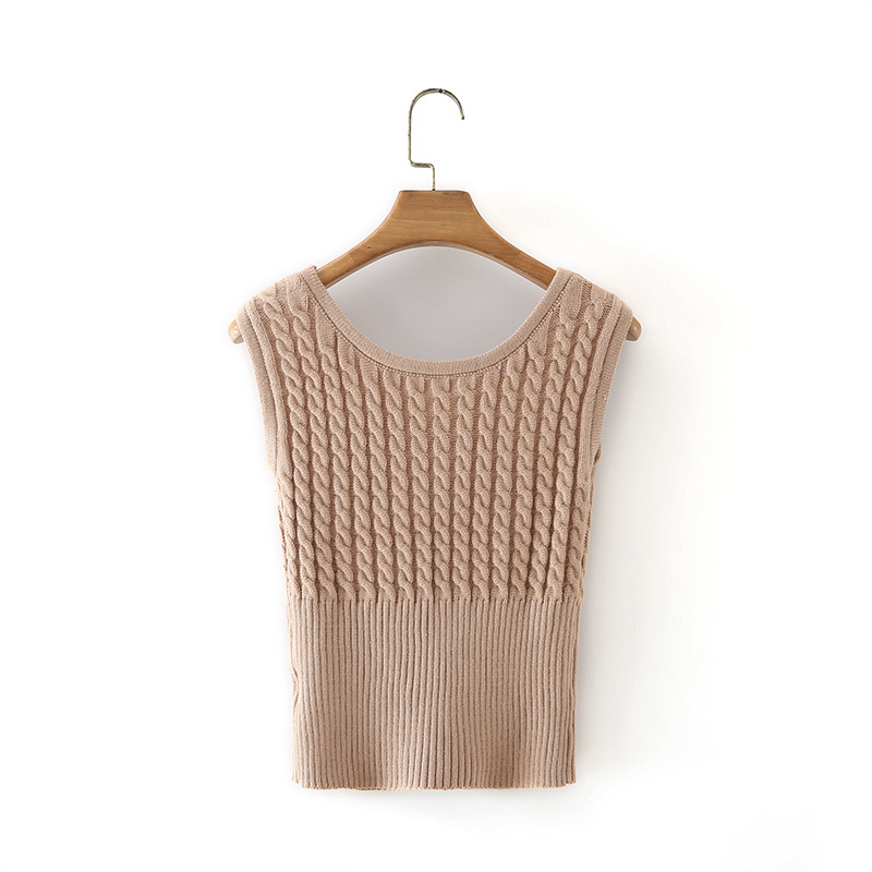 Round Neck Retro Twist Waist Sleeveless Knitted Vest
