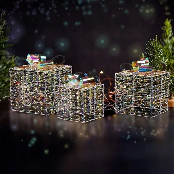 Lighted Iridescent Gift Boxes Set Of 3, Pre lit Nestable Present Boxes Ornament With 140 LED Warm White Lights And Stakes For Christmas Outdoor Ind... As Picture - Shop at LoveMi