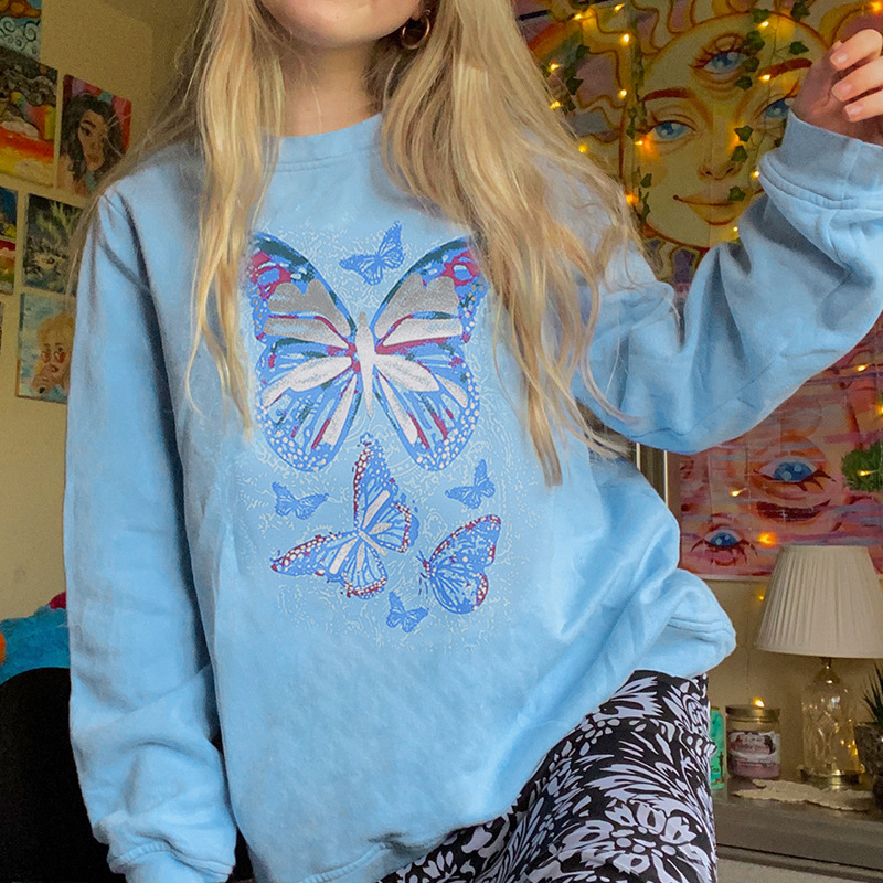 Butterfly Print Loose Casual Long Sleeve Pullover Sweatshirt