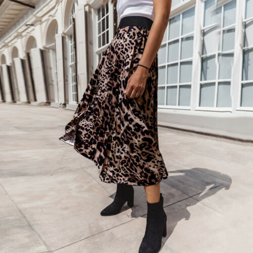 Title 5, Womens Leopard Print Pleated Skirt Ladies Elas...