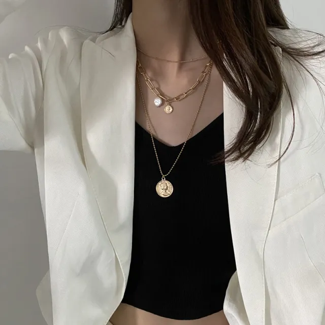 Summer Accessories Big And Small Beauty Head Multi layer Shooting Net Red Necklace Gold - Shop at LoveMi