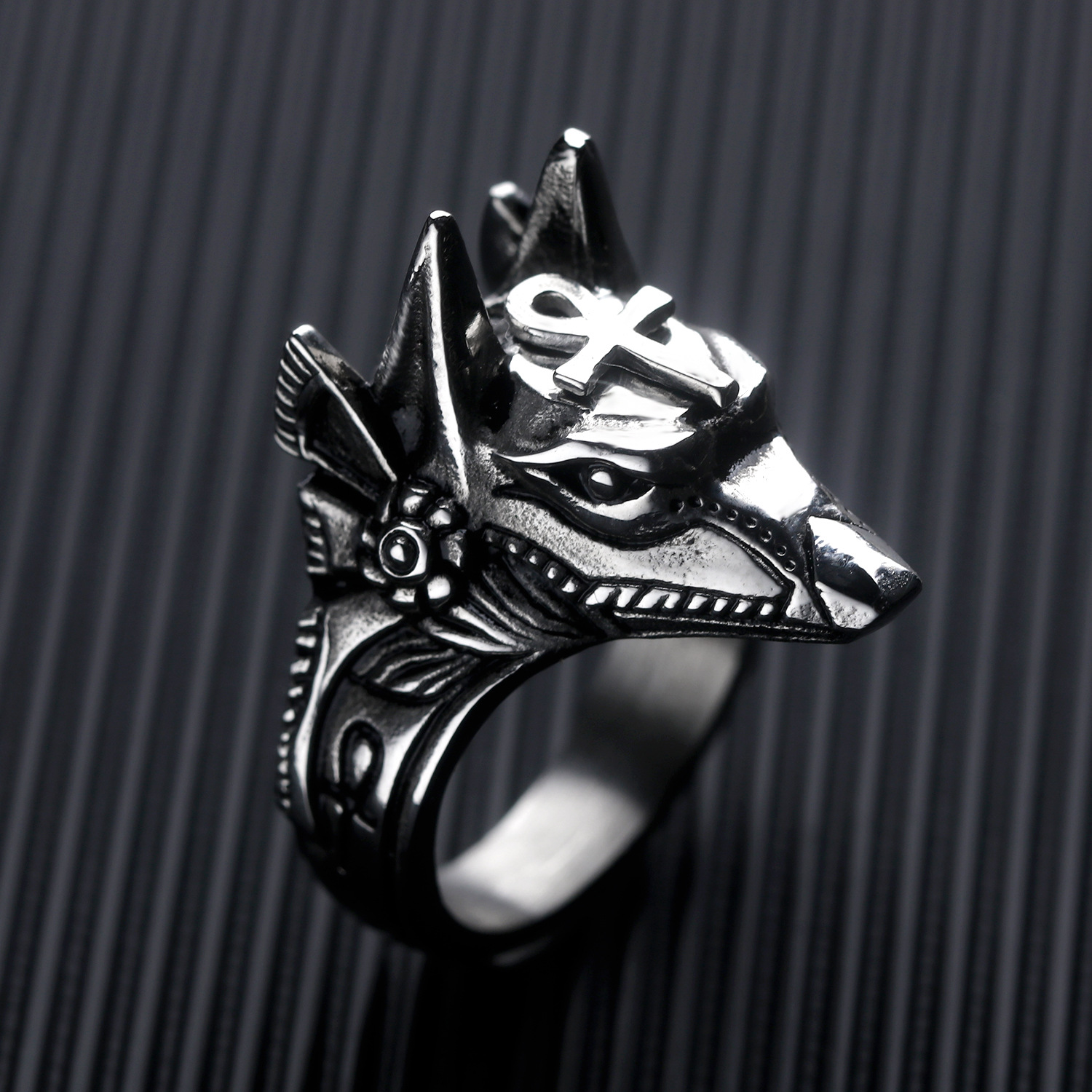 Men's Titanium Steel Ring Vintage Anubis God Ancient Egyptian Jackal Head Ring