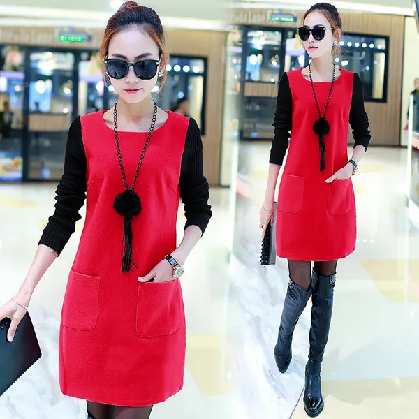 Korean Mid-length Plus Velvet Padded Sweater Dress - Red