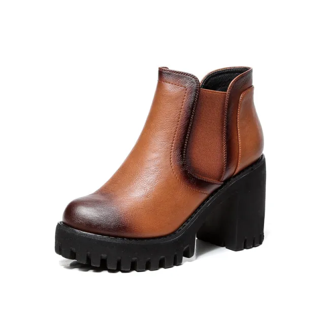 British All match Leather Shoes Thick Heel Women's Casual High Heels Brown - Shop at LoveMi