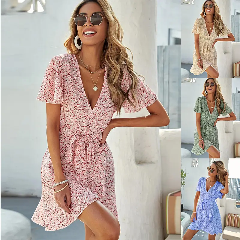 Women's V-Neck Print Lace-Up Short Sleeve Dress