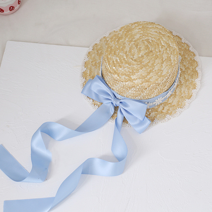 Multicolor Mori Series Big Bow Straw Hat LO Niang Pastoral Style Lolita Handmade Bow Lace Ribbon Ribbon Hat Blue - Shop at LoveMi
