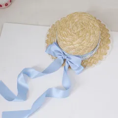 Multicolour Mori Series Big Bow Straw Hat LO Niang Pastoral Style Lolita Handmade Bow Lace Ribbon Ribbon Hat - Blue - View 1