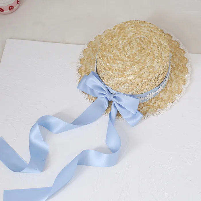 Multicolor Mori Series Big Bow Straw Hat LO Niang Pastoral Style Lolita Handmade Bow Lace Ribbon Ribbon Hat - Blue
