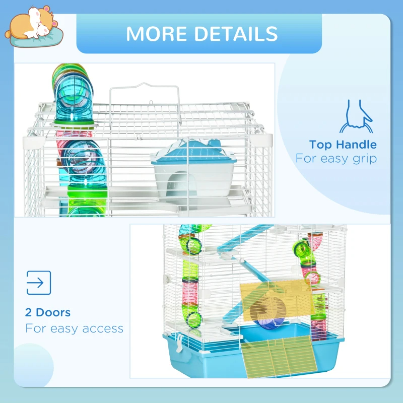 Hamster Cage With Tubes And Tunnels, Portable Carry Handles, Rat House And Habitats Big 5-Tier Design, Mouse Cage Includes Exercise Wheel, Water Bottle, Food Dish, Light Blue