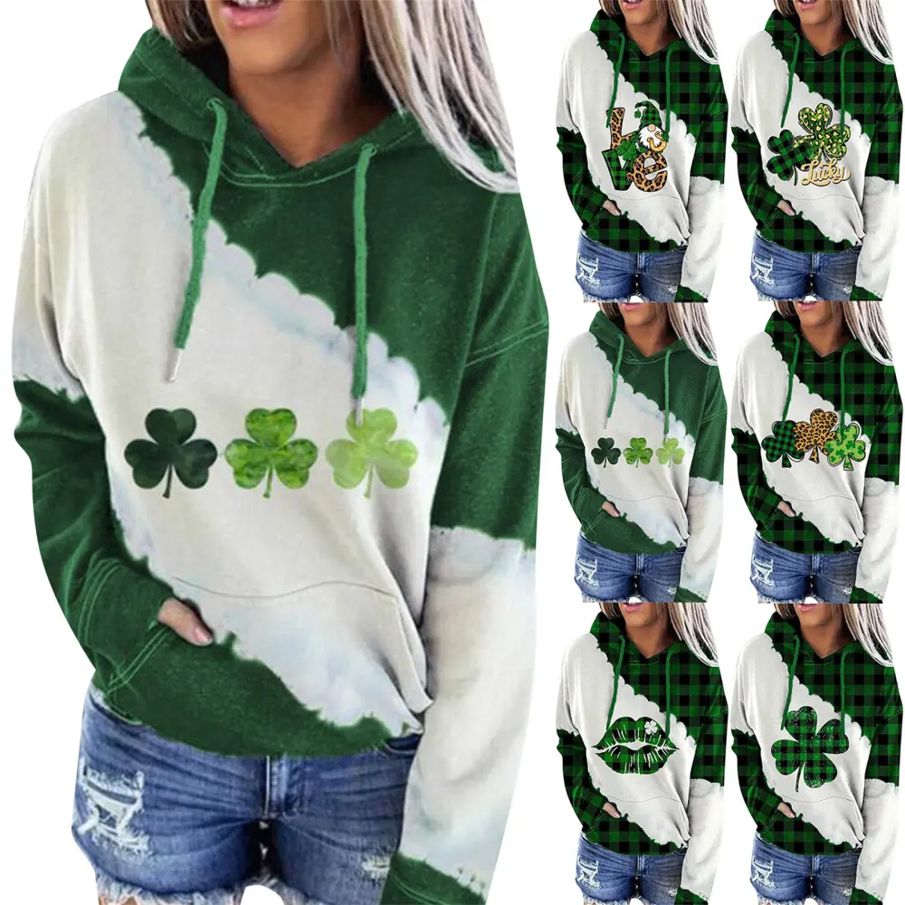 Women Sweatshirts Lucky Grass Print Streetwear Hoodie Pullover Loose