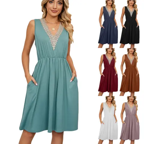 Lace Panel Sleeveless Dresss with Pocket V-neck Dresses