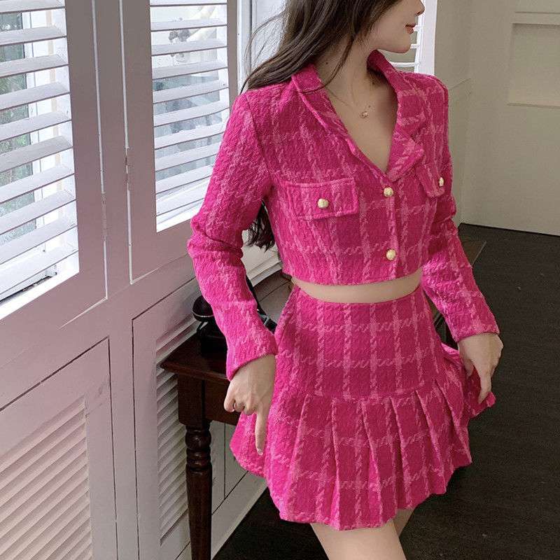 Women's New Plaid Short V-neck Suit Jacket High Waist