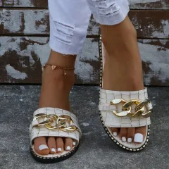 Women's Fashion One Word Flat Sandals - White - View 1