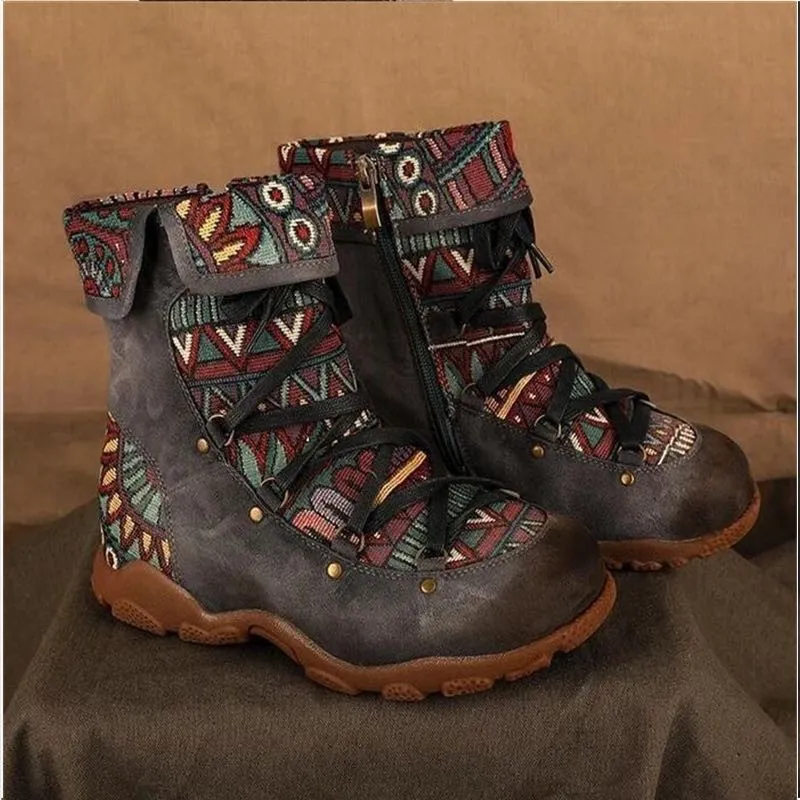 Ethnic Style Large Size Short Boots Women's Fashion Retro Side Zipper Round Head Autumn And Winter Fashion Nude Boots - Grey