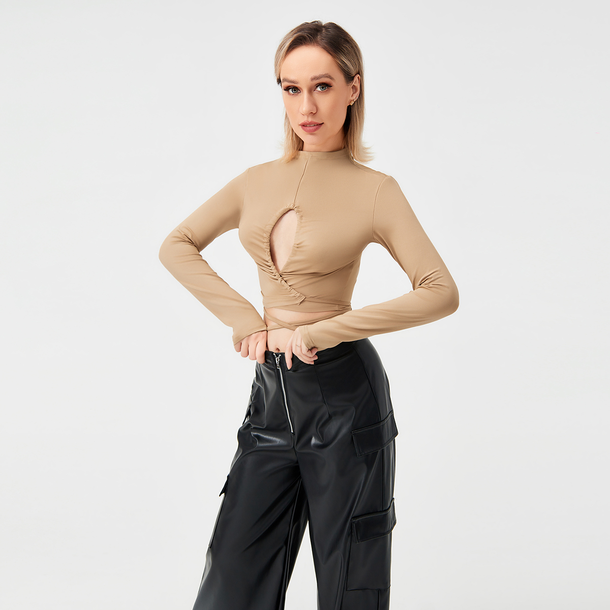 Long Sleeve Tie Cutout Sexy T-Shirt Women's Top