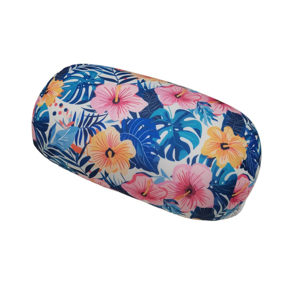 Tropical Flower Print Micro Bead Cylinder Pillow, Multi Purpose Roll Pillow For Waist Neck Support