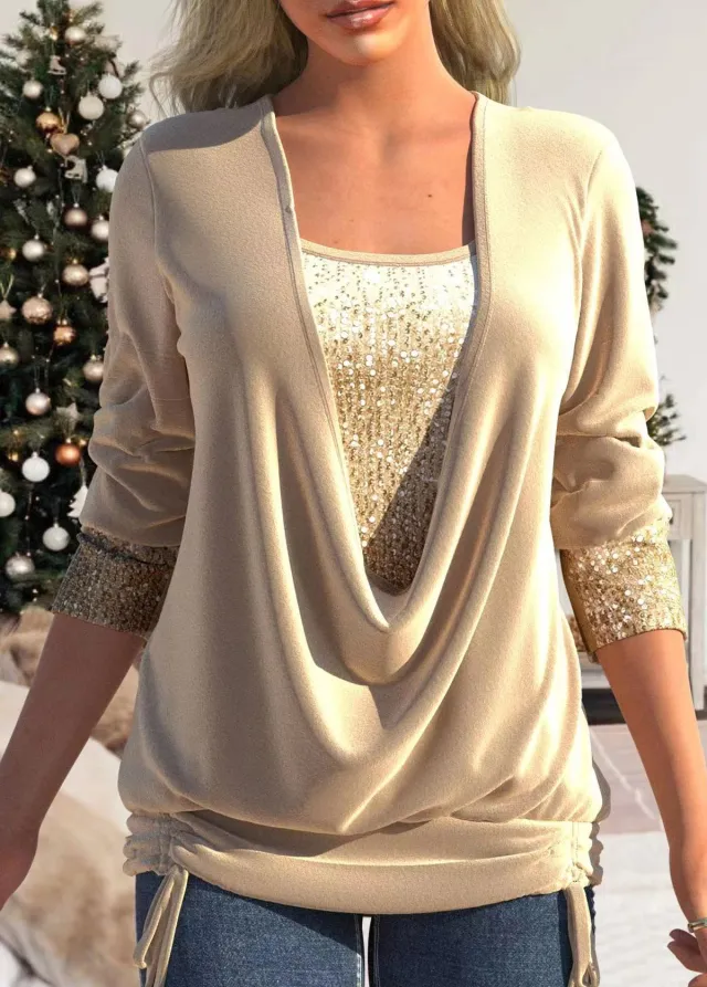 Pure Color Sequins Stitching U neck Long sleeved Elegant Casual T shirt Top Beige - Shop at LoveMi