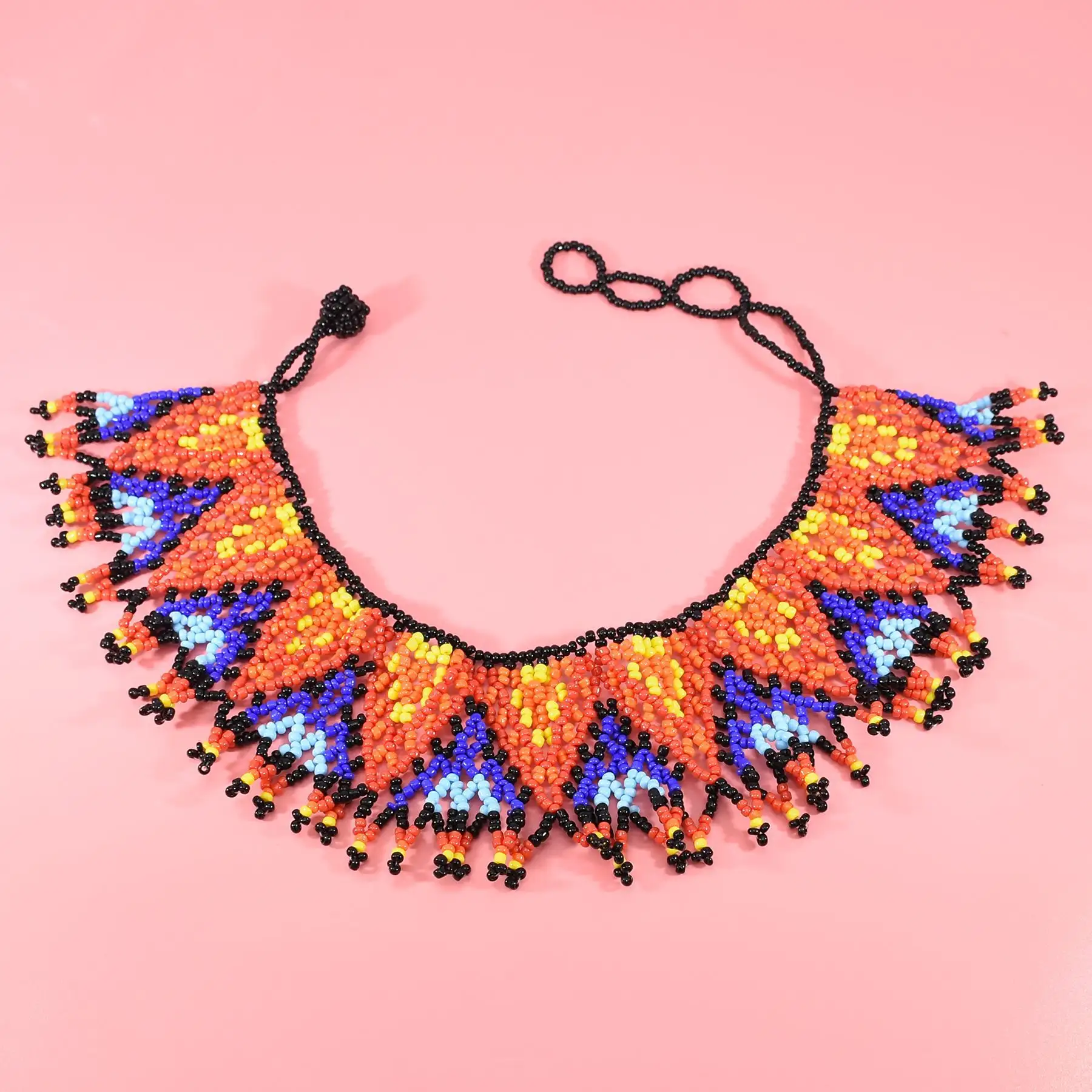Handmade Rice Bead Long Tassel Three-Layer Beaded Coral Necklace