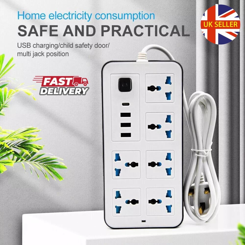 Extension Lead Cable Electric Mains Power 6 Gang 3 USB 1 Type-C Port Plug Socket