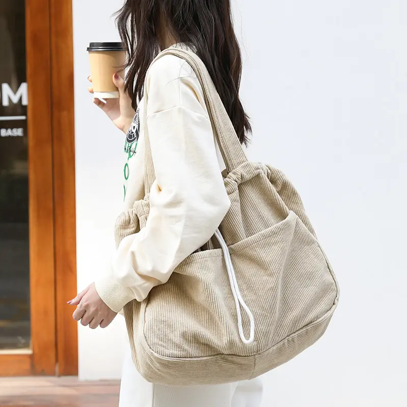 Ins Corduroy Shoulder Bags Drawstring Multi-pocket Handbag