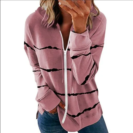 Women's Striped Printed Loose Hooded Sweater Pink - Shop at LoveMi