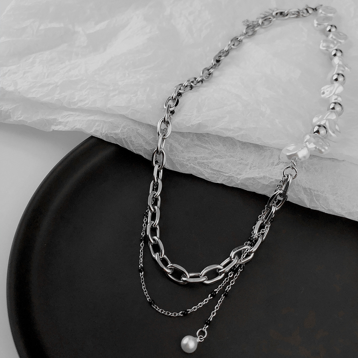 Personality Double-layer Titanium Steel Round Bead Stitching Necklace Women