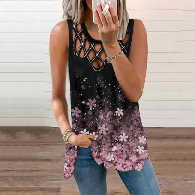 Women's Hollowed Out Hot Drilled Sleeveless Vest Print Tshirt Pink - Shop at LoveMi