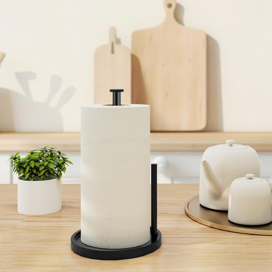 Paper Towel Holder Countertop, Standing Paper Roll Holder With Anti Slip Weighted Base, Stainless Steel Freestanding Paper Towel Holder For Kitchen, Black — foto 6