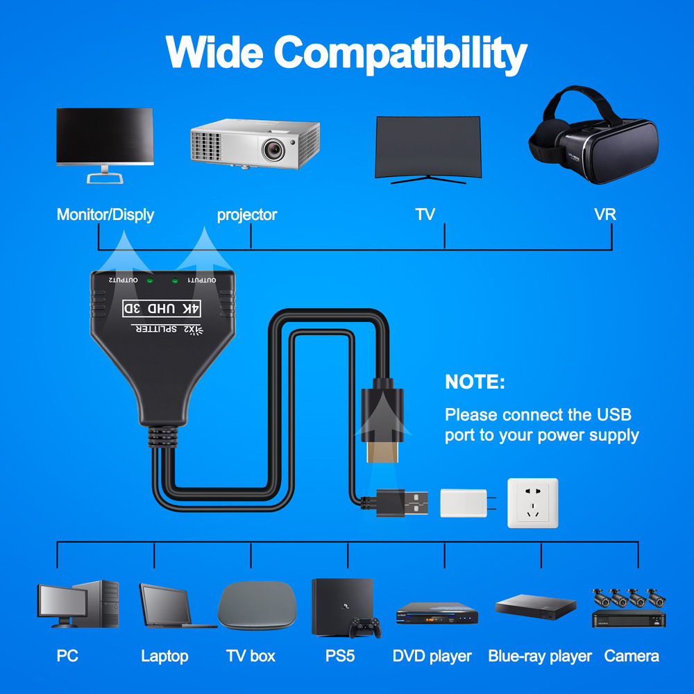One Divided Into Two HDMI Distributor With USB Power Supply