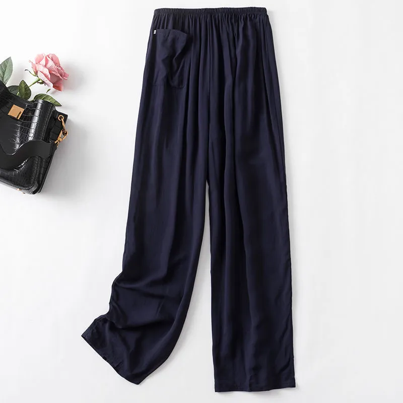 Men's And Women's Cotton Silk Summer Thin Casual Straight Home Pants - Navy