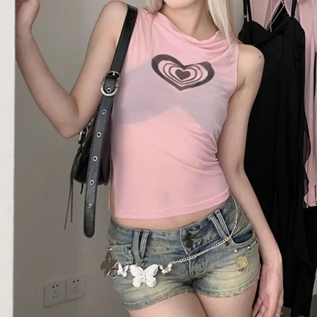 Mesh See through Thin Section Love Print Slim T shirt Ins Fashion Open Design Sleeveless Tank Top Pink - Shop at LoveMi