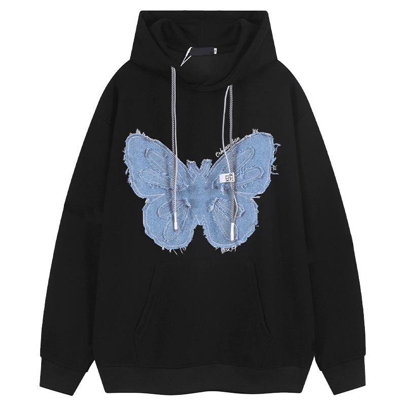Retro Patch Denim Butterfly Flower Hooded Sweatshirt Black - Shop at LoveMi