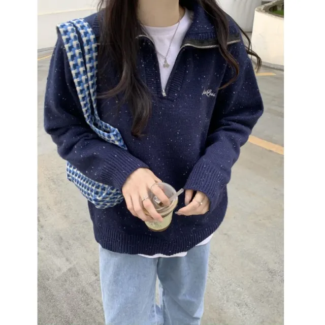 Gentle College Polka Dot Embroidery POLO Collar Knit Sweater Women Navy Blue - Shop at LoveMi