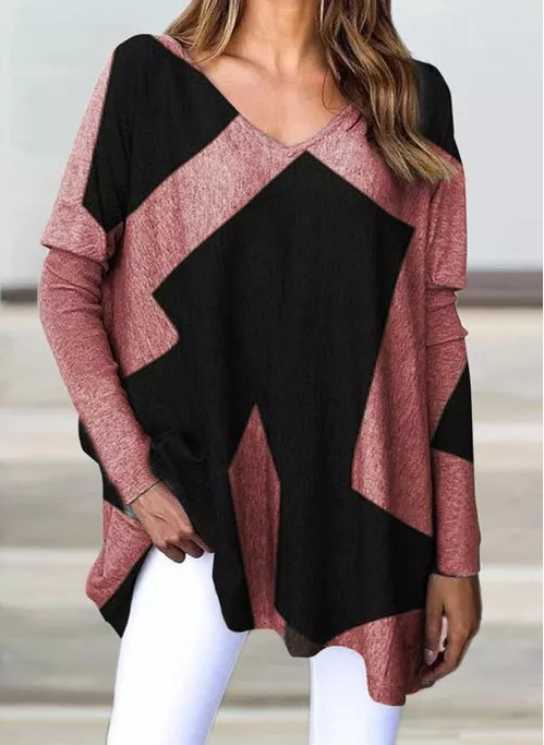Casual V-neck Stitching Loose T-shirt Long-sleeved Top