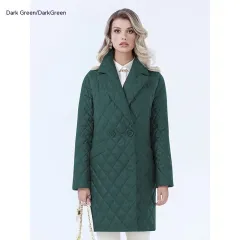 Women's Lace-up Lapel Long-sleeved Plaid Long Winter Top - Dark Green - View 1