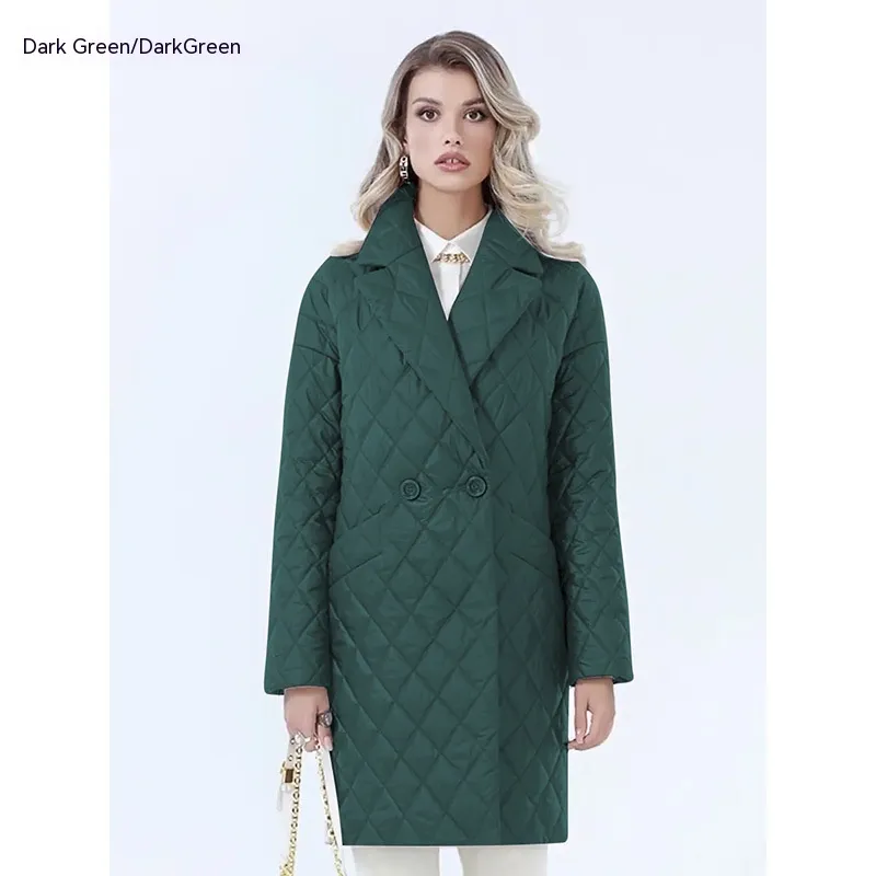 Women's Lace-up Lapel Long-sleeved Plaid Long Winter Top - Dark Green