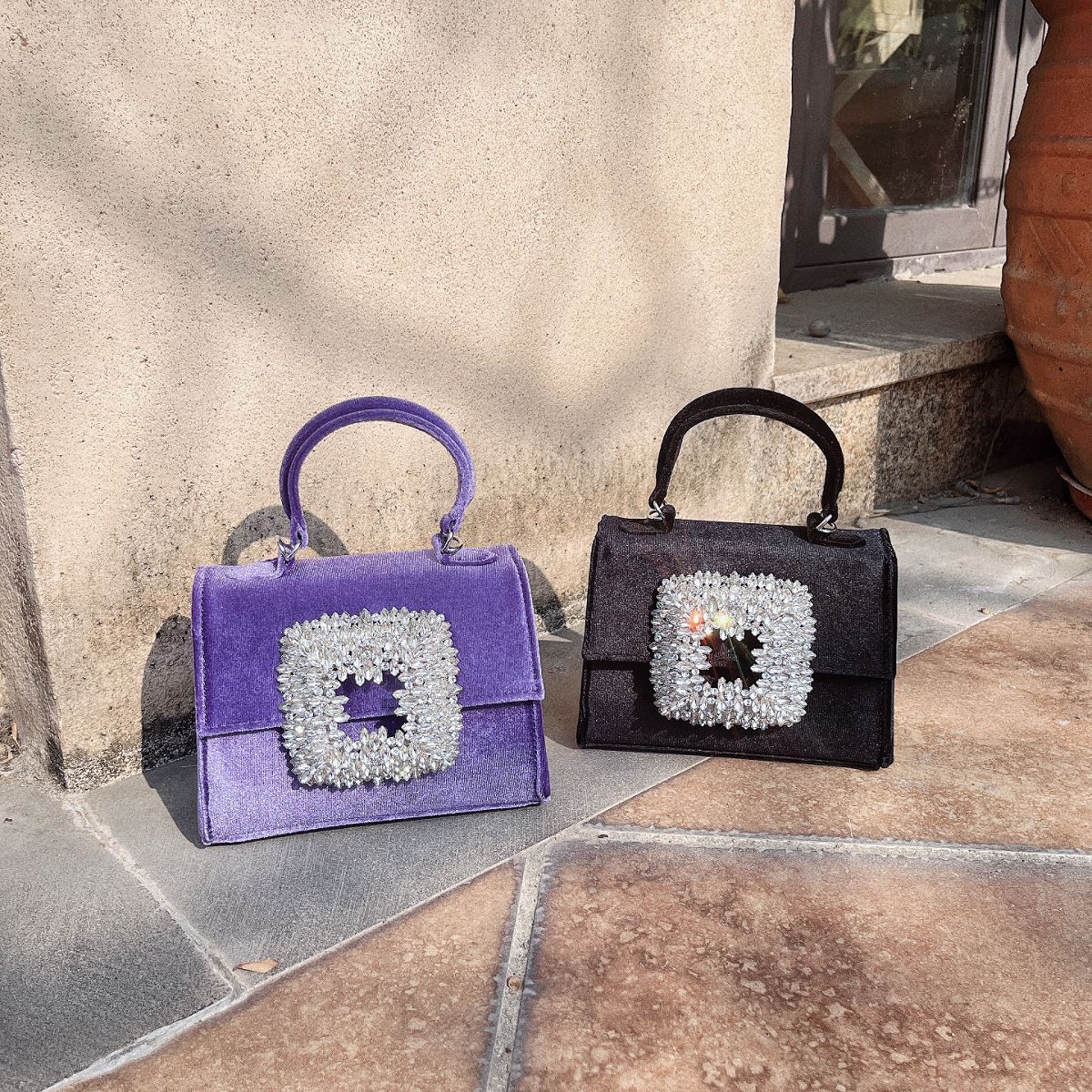 Flower Velvet Diamond Small Square Dinner Full Diamond Portable Messenger Bag