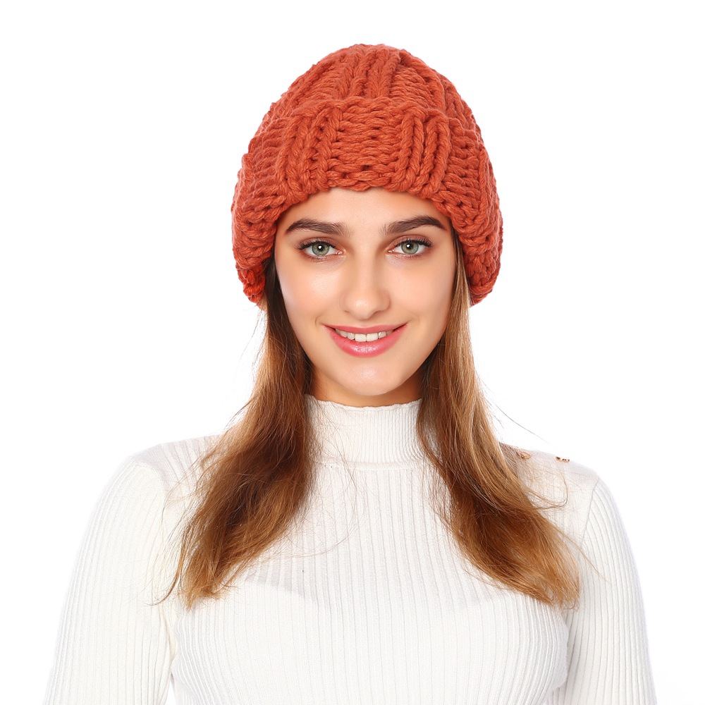 Knit Hat Ladies Pure Color Simple Coarse Wool Warm Earmuffs