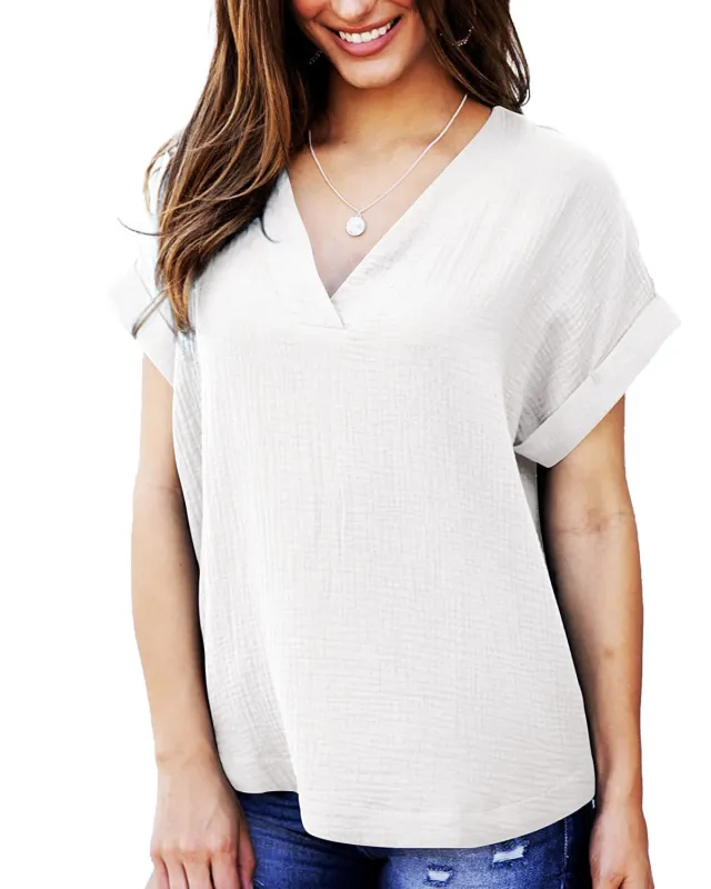 Short Sleeve V Neck Loose Shirt Solid Color Casual Top Women White - Shop at LoveMi
