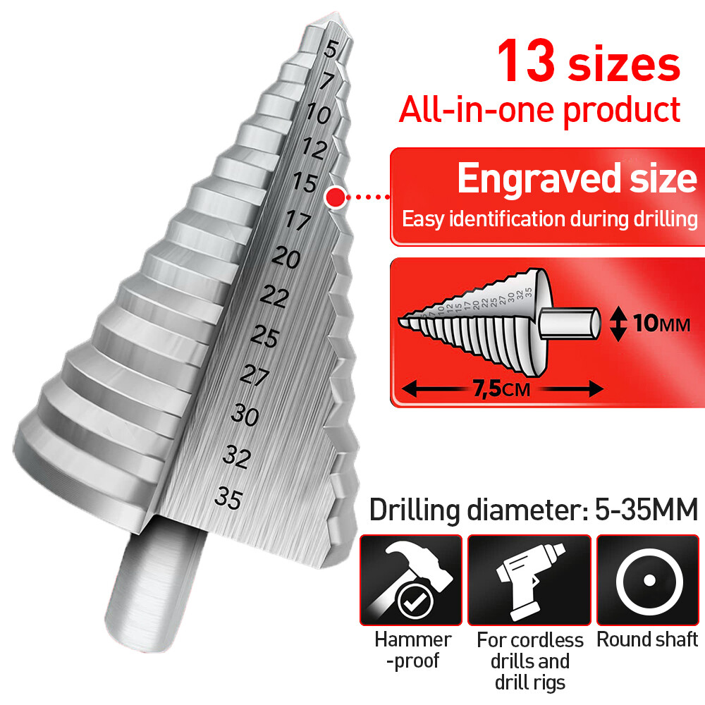 5-35mm 13 Step Titanium Spiral Groove Conical Cone Drill HSS Bit Set Hole Cutter — image 5