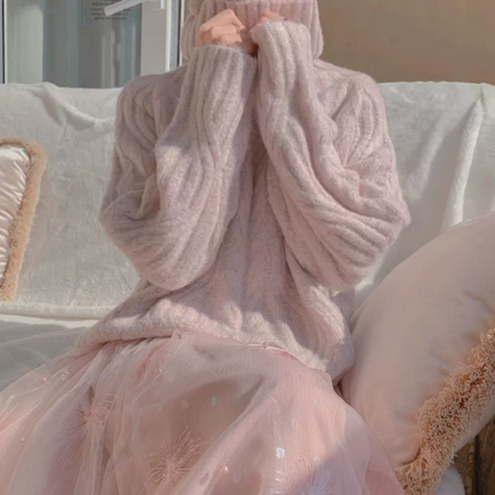 Women's Blue Sea Horsehair Turtleneck Sweater