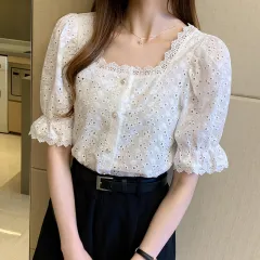 Square Neck Cutout Piece Small Short Sleeve Shirt Women's Top - White - View 1