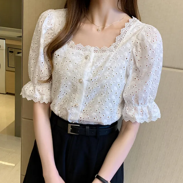 Square Neck Cutout Piece Small Short Sleeve Shirt Women's Top White - Shop at LoveMi
