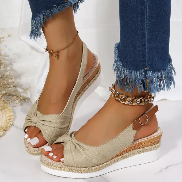 Women's Hemp Rope Bow Wedge Casual Sandals Beige - Shop at LoveMi