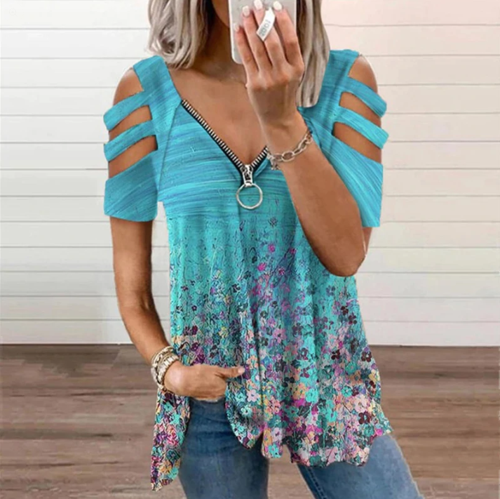 European And American Women's V-neck Zipper Print Loose T-shirt