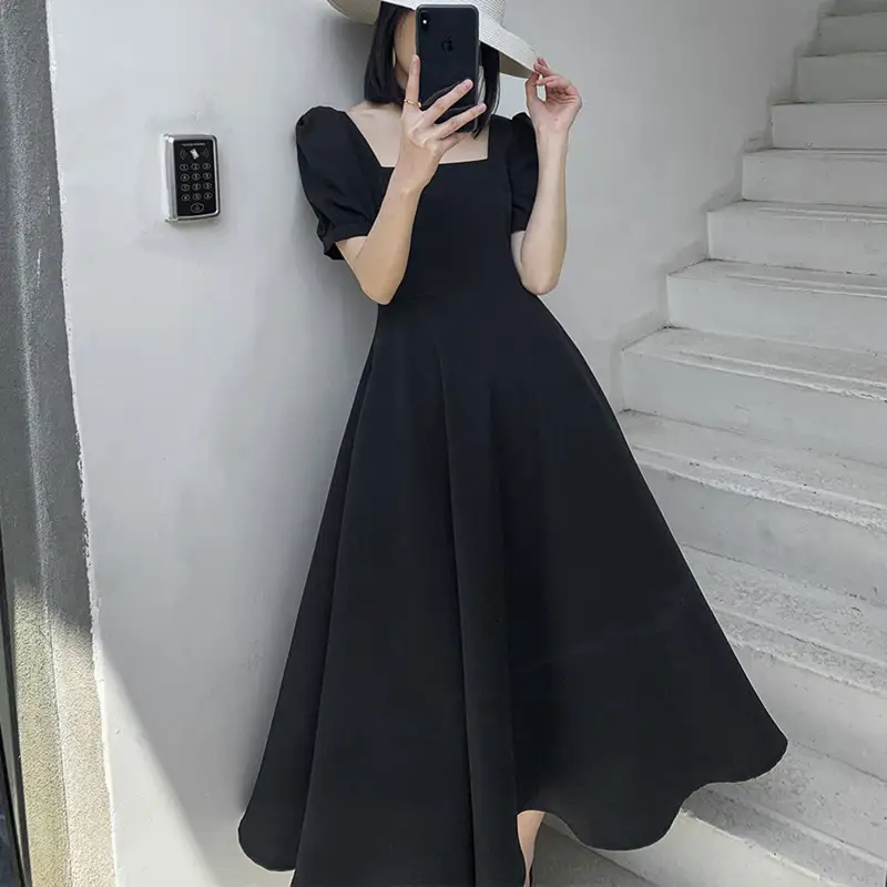 French White Hepburn Style Square Collar Dress Female Summer